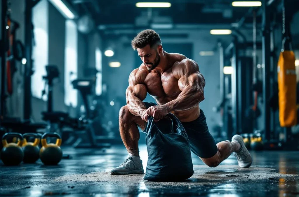 Atleet voert Hyrox lunges uit met zandzak in moderne sportschool met roeimachine en kettlebells op achtergrond