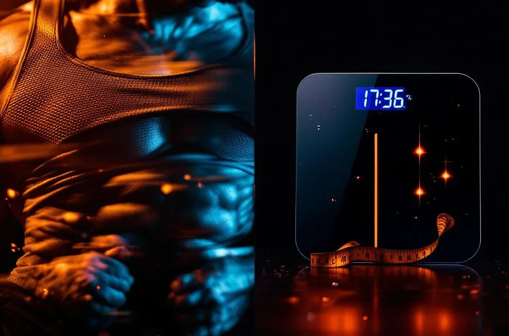 Atleet in sportkleding doet Hyrox-oefening naast digitale weegschaal met dalende cijfers voor gewichtsverlies