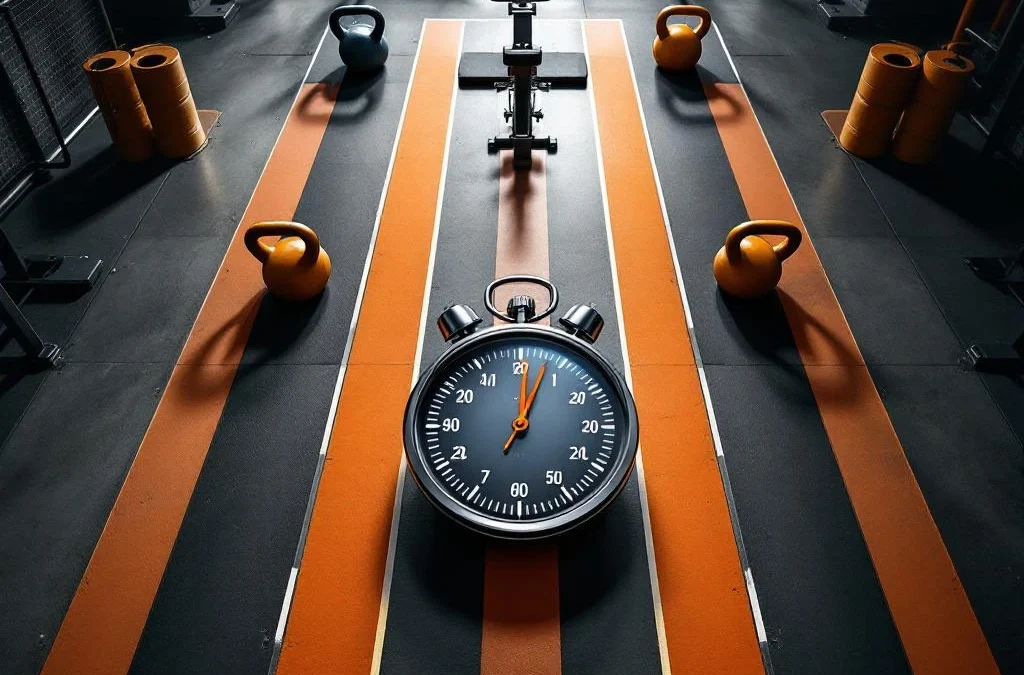Bovenaanzicht van moderne sportschool met Hyrox trainingsopstelling, kettlebells, roeitrainer en stopwatch op de voorgrond