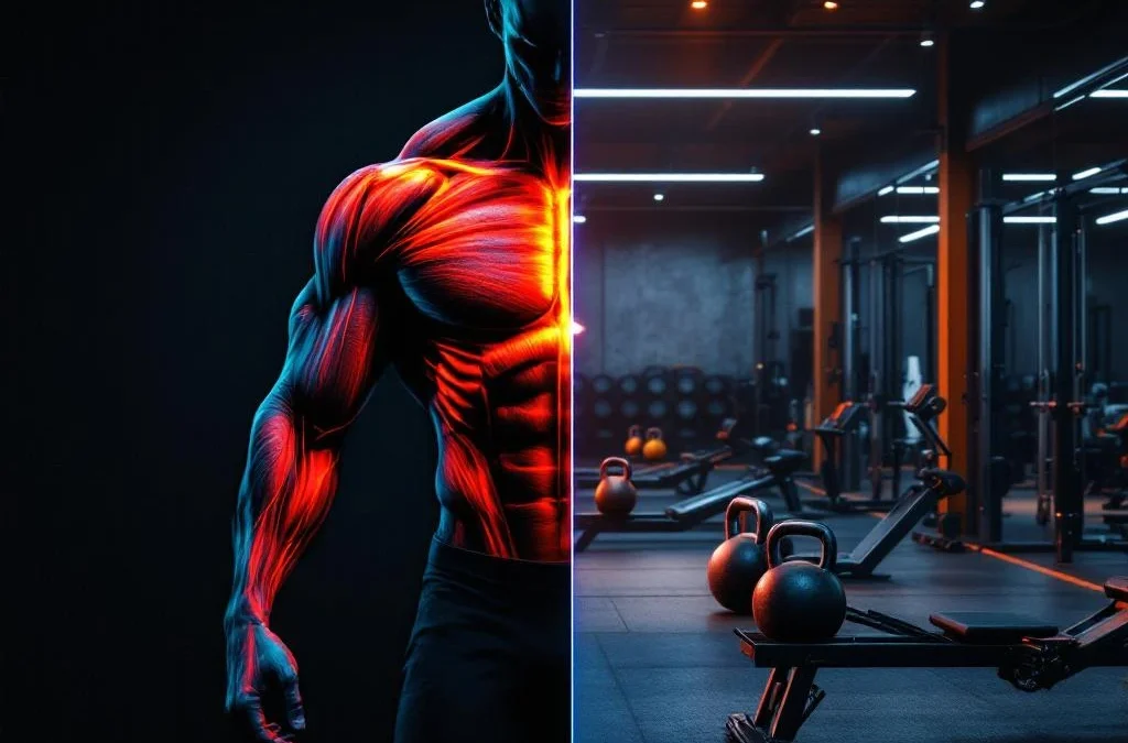 Gespierde anatomie met gemarkeerde spiergroepen naast Hyrox trainingsruimte met kettlebells en roeiapparatuur