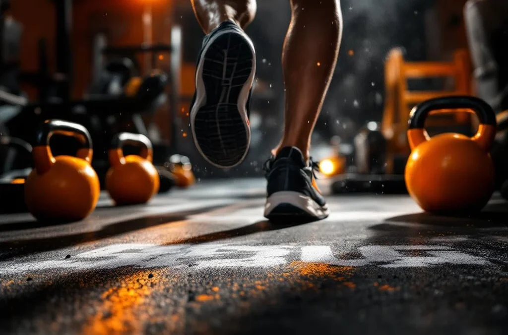 Hardloopschoenen in beweging op sportschoolvloer met kettlebells en roeiapparatuur voor functionele fitness training