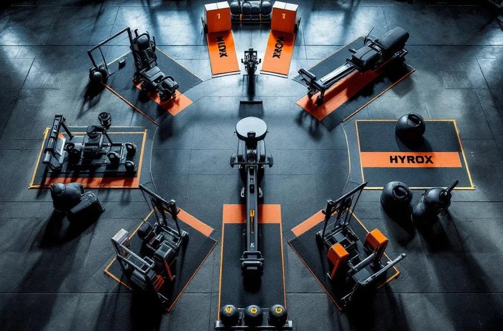 Acht Hyrox trainingsstations in cirkelvorm op sportschoolvloer met kettlebells, roeimachine en andere fitnessapparatuur