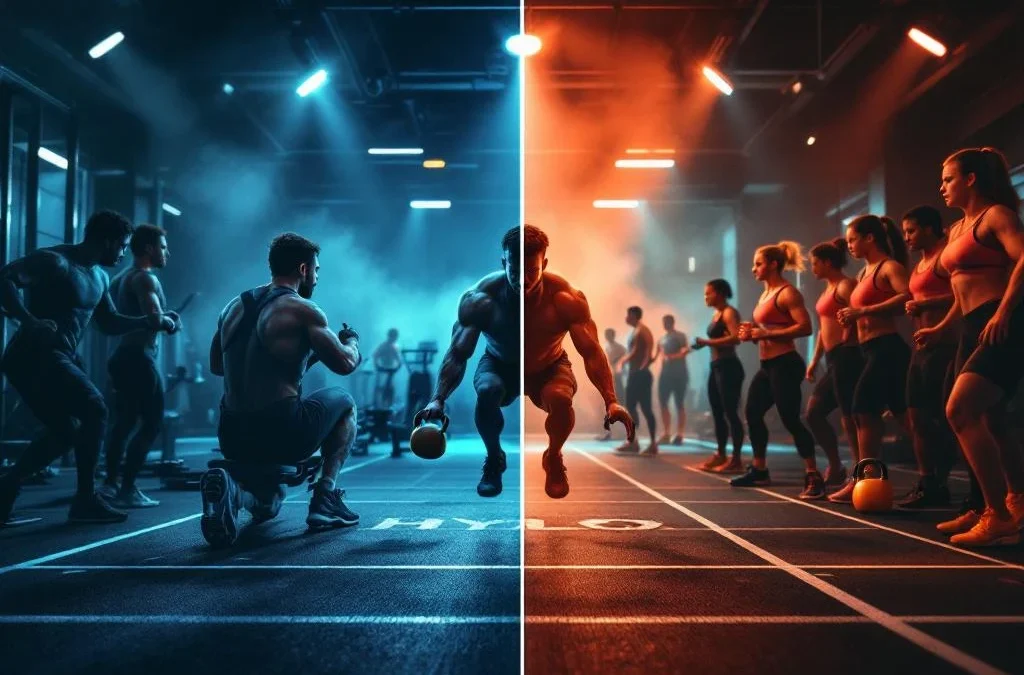 Atleet traint solo links, team werkt samen rechts in Hyrox-gym met roeimachines, kettlebells en loopbanen