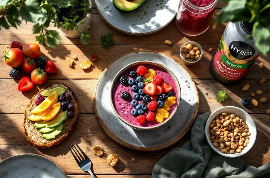 Hyrox trainingsvoeding op houten tafel: proteïne smoothie bowl met bessen, avocado toast, fruit, noten en waterfles