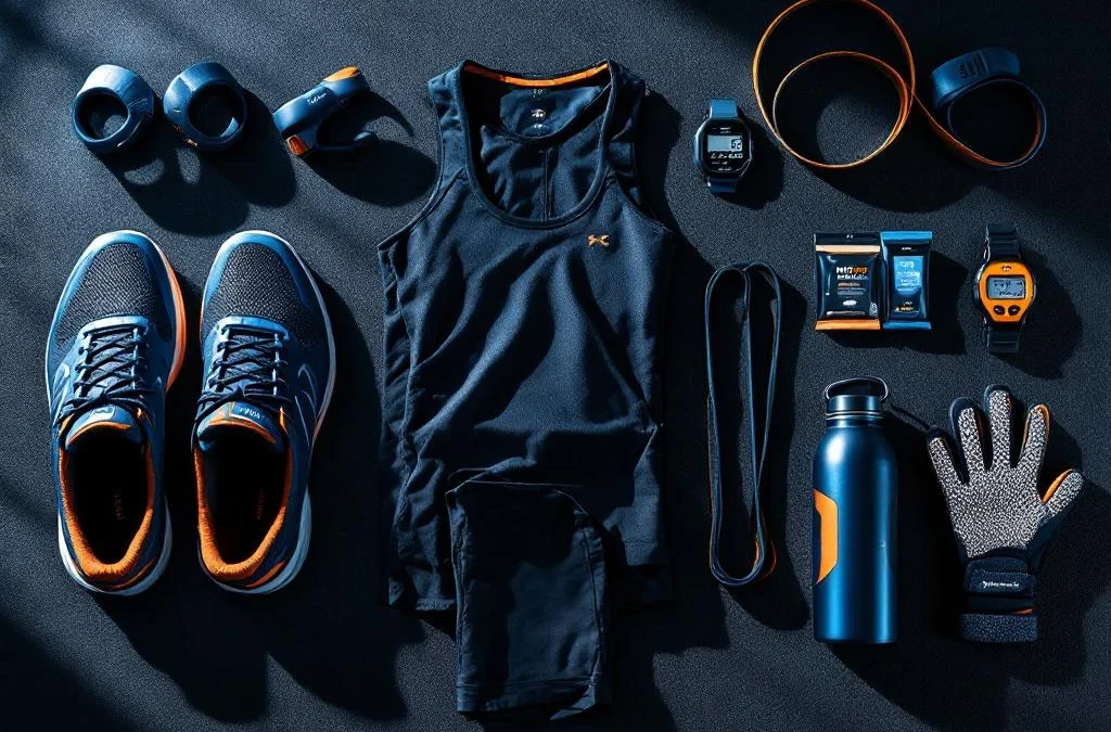 Hyrox trainingsuitrusting gerangschikt op donkere sportmat: hardloopschoenen, compressiekleding, weerstandsbanden en stopwatch