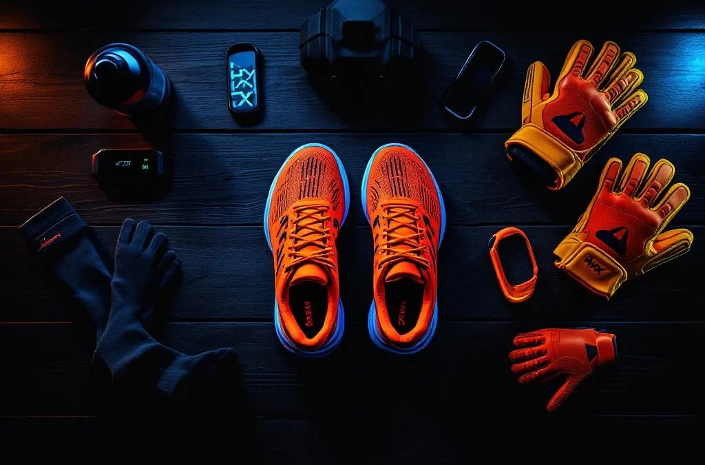 Oranje hardloopschoenen omringd door Hyrox trainingsuitrusting op donkere gymvloer met dramatische verlichting