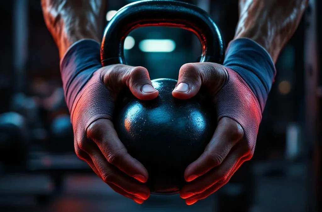 Atletische handen met tape grijpen kettlebell in sportschool, zweet en spierspanning zichtbaar tijdens training