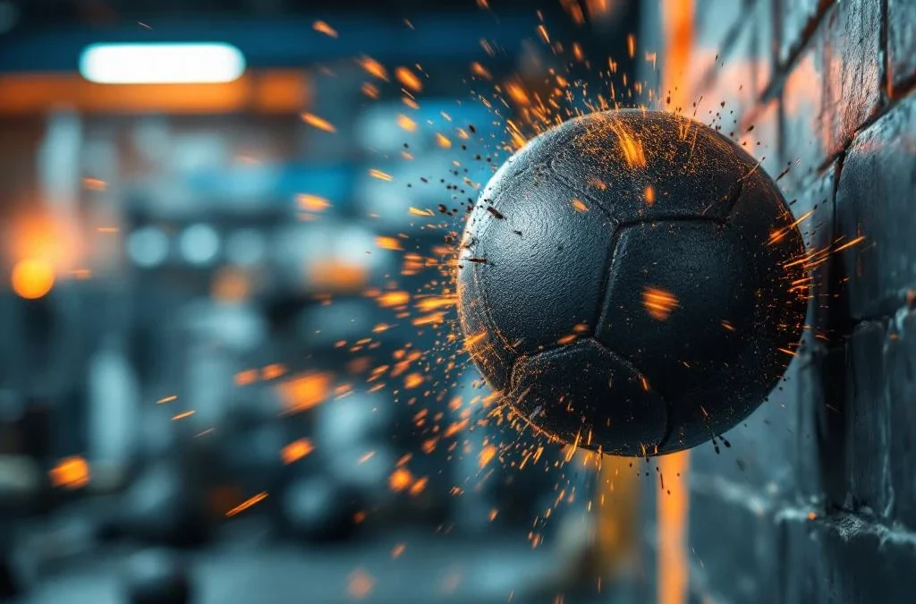 Medicijnbal met leerachtige textuur vliegt door CrossFit sportschool met dramatische bewegingsonscherpte en oranje verlichting