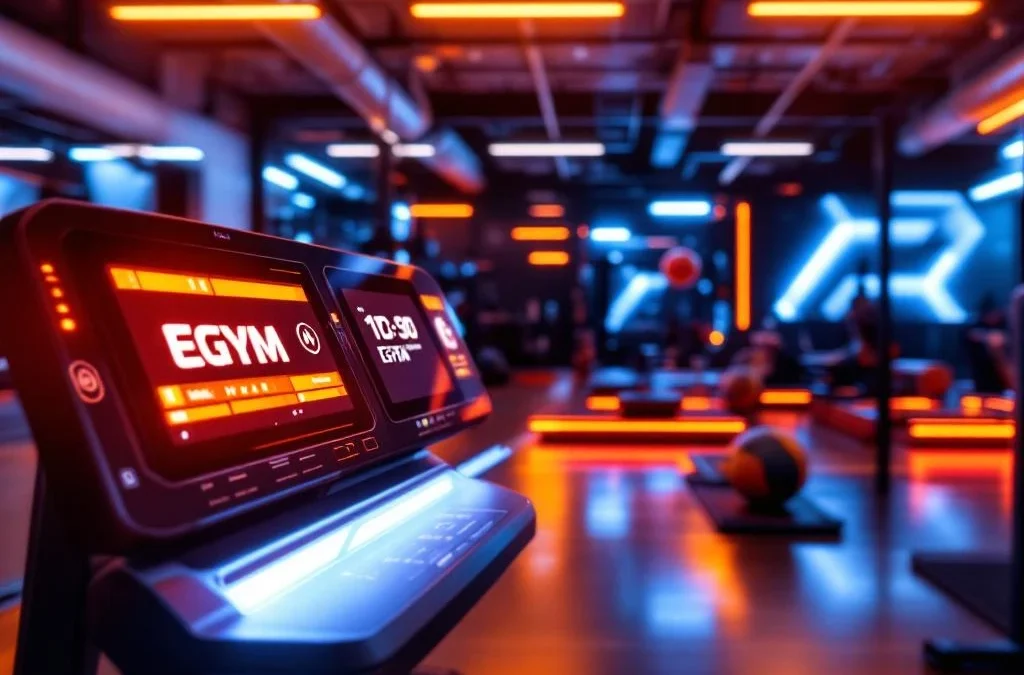 Moderne sportschool met EGYM trainingsapparatuur en Hyrox hindernisbaan, verlicht met oranje en blauwe LED-verlichting