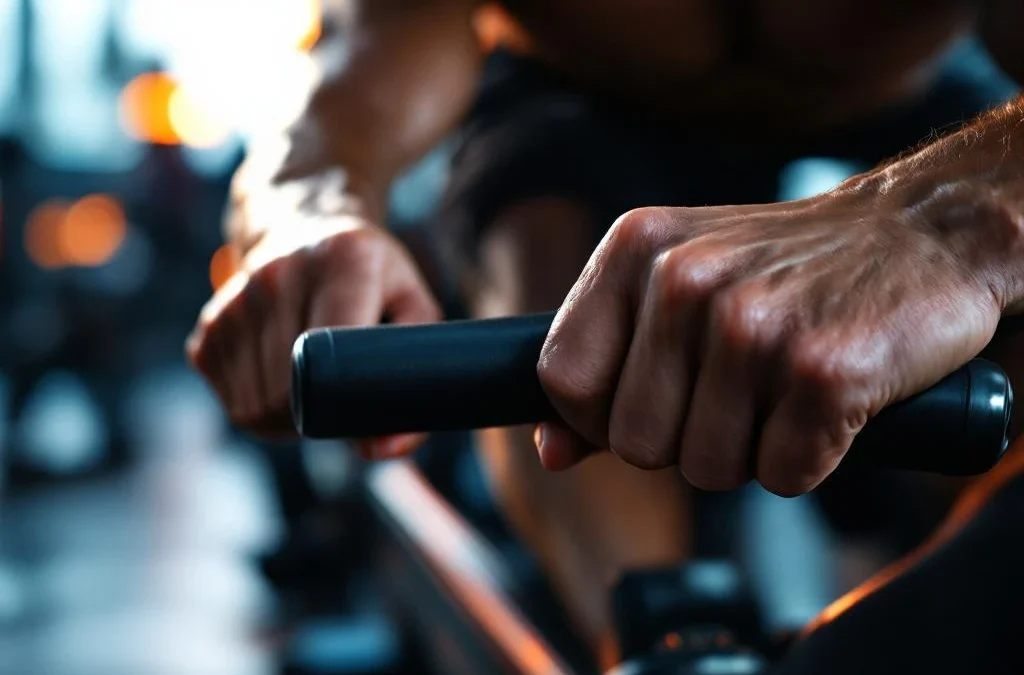 Gespierde handen grijpen roeiapparaat handvat vast tijdens training in moderne sportschool met dramatische verlichting