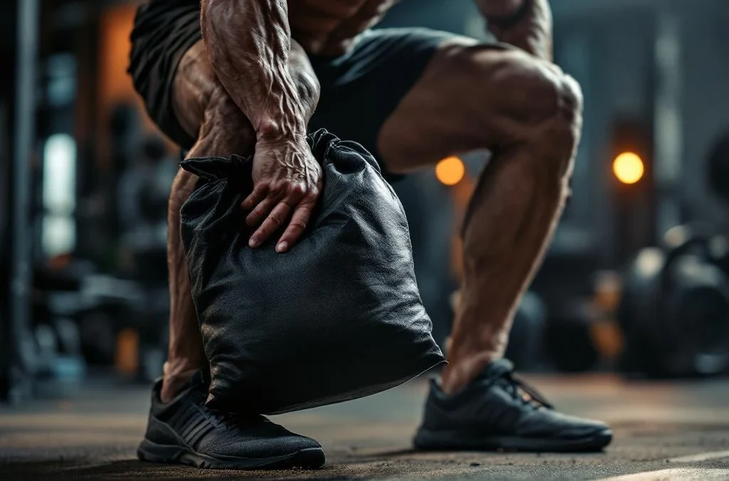 Atleet voert sandbag lunge uit met perfecte vorm in moderne sportschool, dramatische belichting toont spierdefinitie