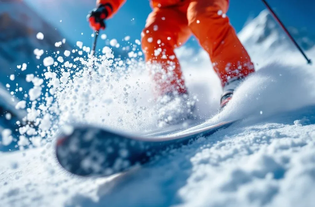 Professionele ski's snijden door poedersneeuw met sneeuwspray, oranje en blauwe sportuitrusting, bergachtergrond