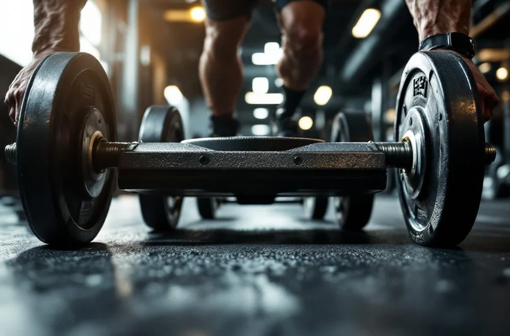 Atleet duwt zware metalen slee met gewichten tijdens krachtoefening in moderne sportschool