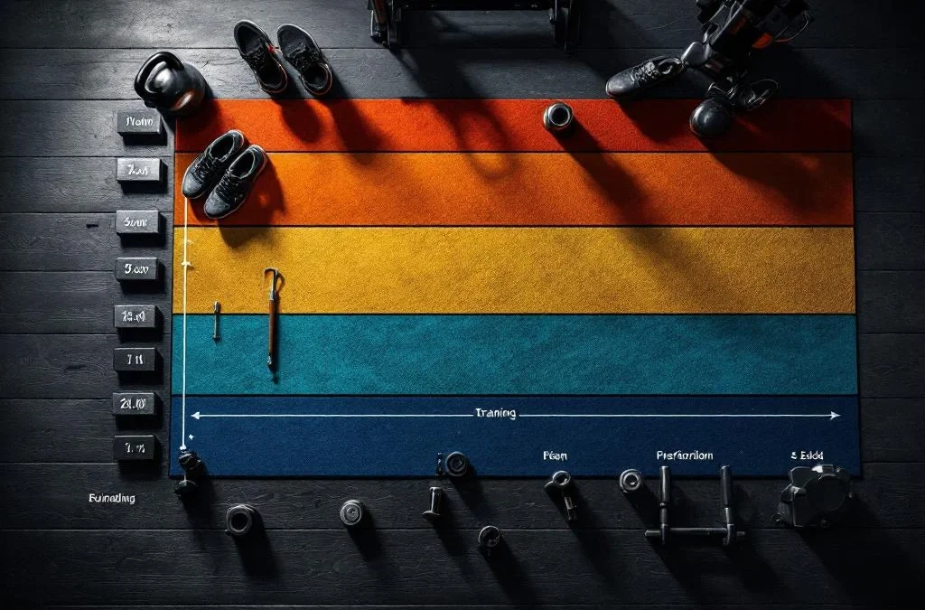 Trainingsschema met kettlebells, roeimachine en loopschoenen georganiseerd in fases op donker houten oppervlak