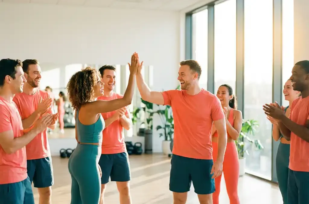 Diverse groep mensen lacht en geeft high-fives tijdens energieke fitnessles in moderne gymstudio met natuurlijk licht